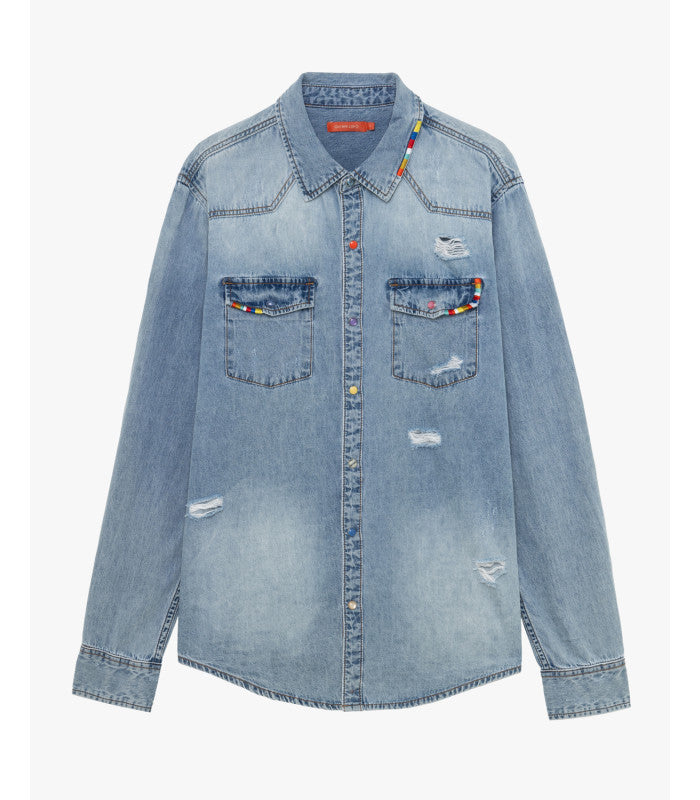 CAMICIA IN DENIM CON LAVAGGIO CHIARO E DETTAGLI DISTRESSED